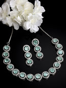 Rhodium-Plated with Silver-Toned Circular Shape Sea Green and White American Diamond Studded Jewellery Set