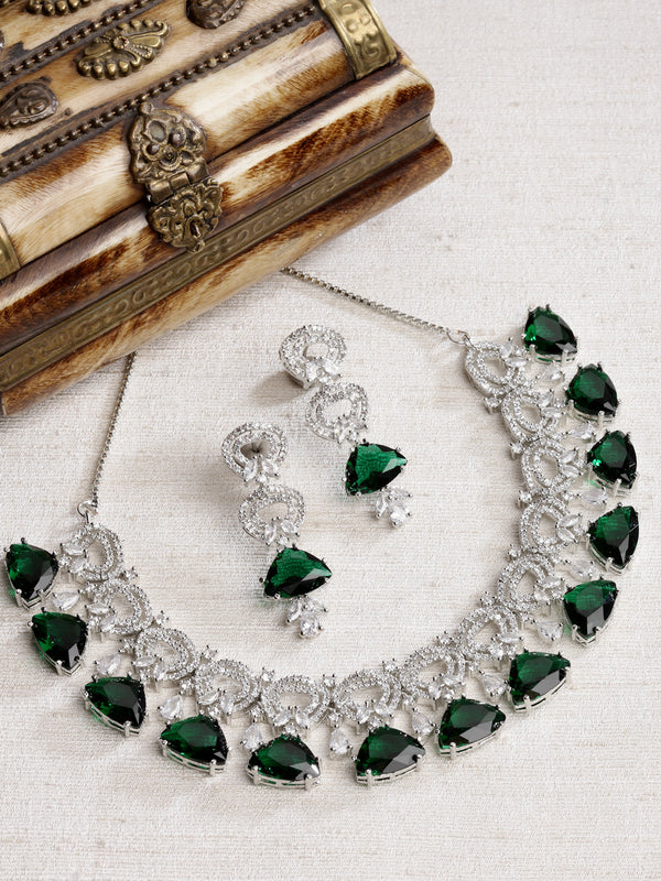 Rhodium-Plated with Silver-Toned Green and White American Diamond Studded Choker Necklace and Drop Earrings Jewellery Set