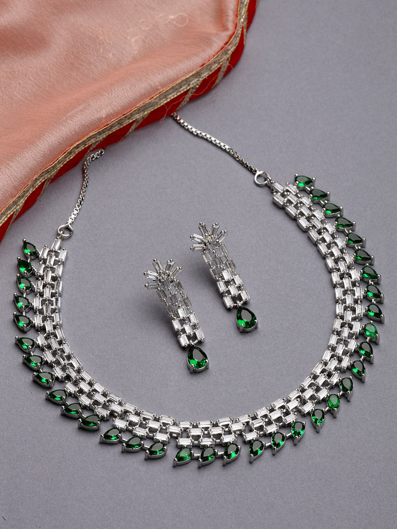 Rhodium-Plated with Silver-Toned Green and White American Diamond Studded Necklace & Earrings Jewellery Set