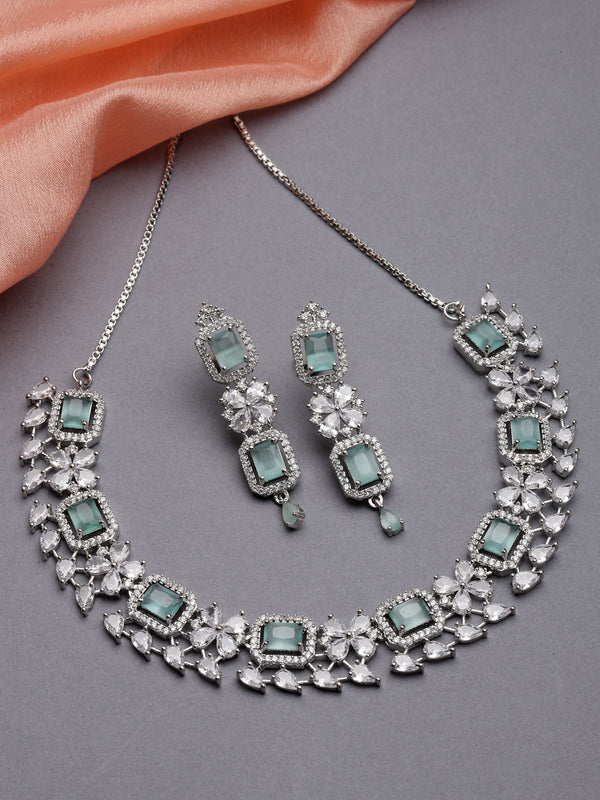 Rhodium-Plated with Silver-Toned Sea Green and White American Diamond Studded Necklace and Earrings Jewellery Set