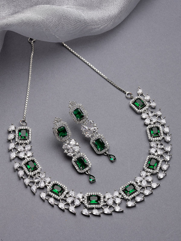 Rhodium-Plated with Silver-Toned Green and White American Diamond Studded Necklace and Earrings Jewellery Set