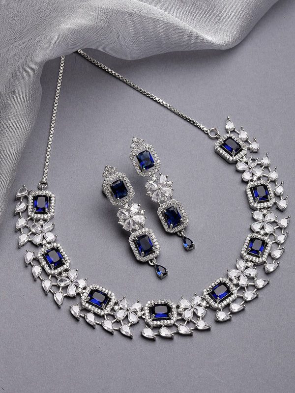 Rhodium-Plated with Silver-Toned Navy Blue and White American Diamond Studded Necklace and Earrings Jewellery Set