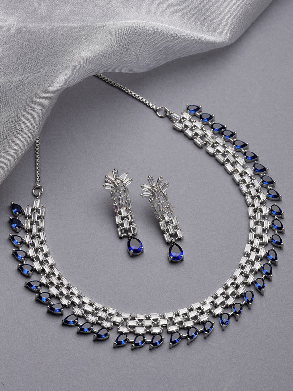 Rhodium-Plated with Silver-Toned Navy Blue and White American Diamond Studded Necklace & Earrings Jewellery Set