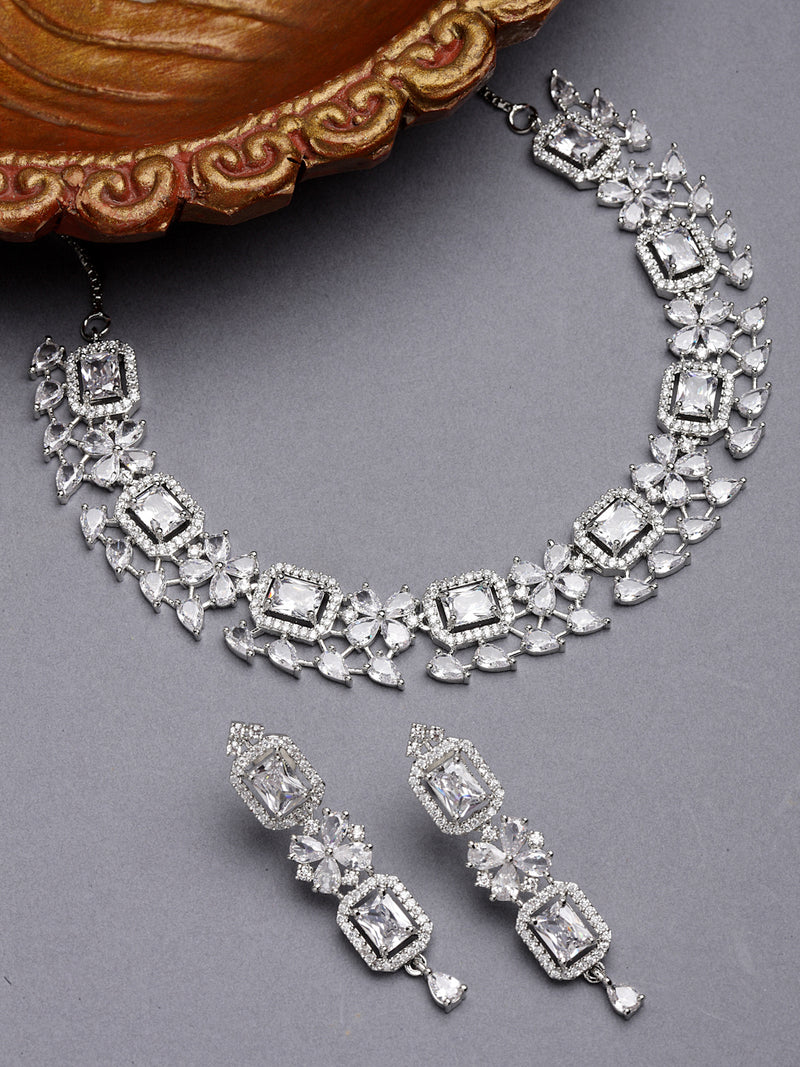 Rhodium-Plated with Silver-Toned White American Diamond Studded Necklace and Earrings Jewellery Set