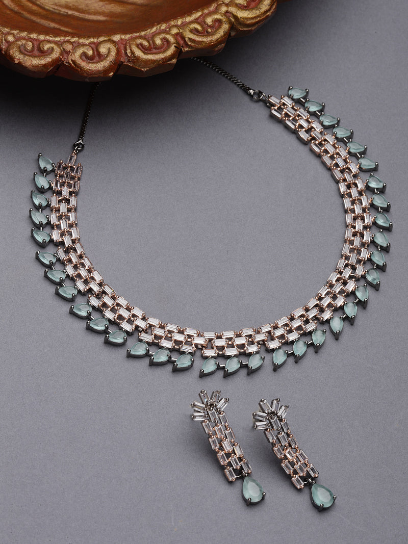 Rose Gold-Plated Sea Green and Rose Black American Diamond Studded Necklace & Earrings Jewellery Set