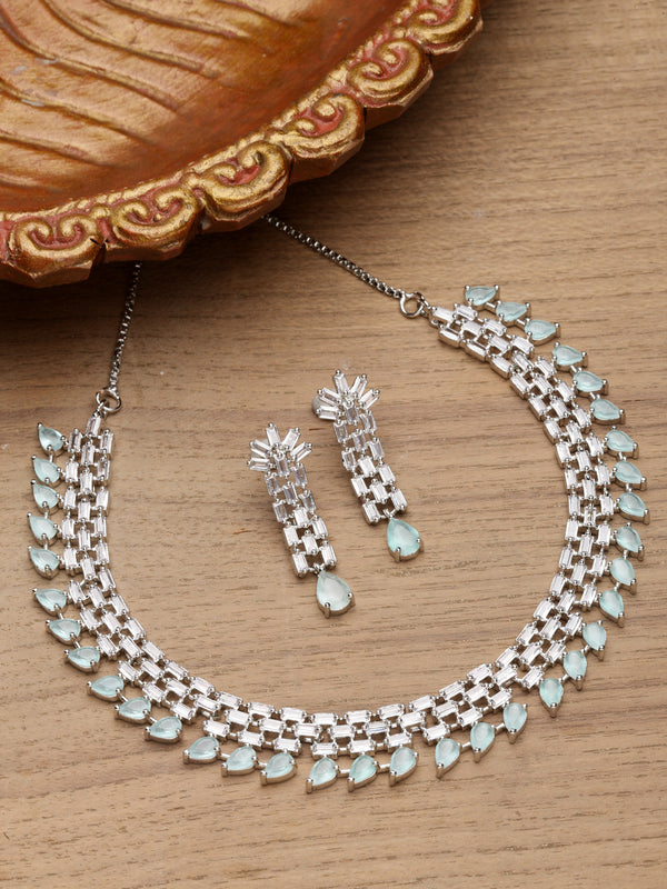 Rhodium-Plated with Silver-Toned Sea Green and White American Diamond Studded Necklace & Earrings Jewellery Set