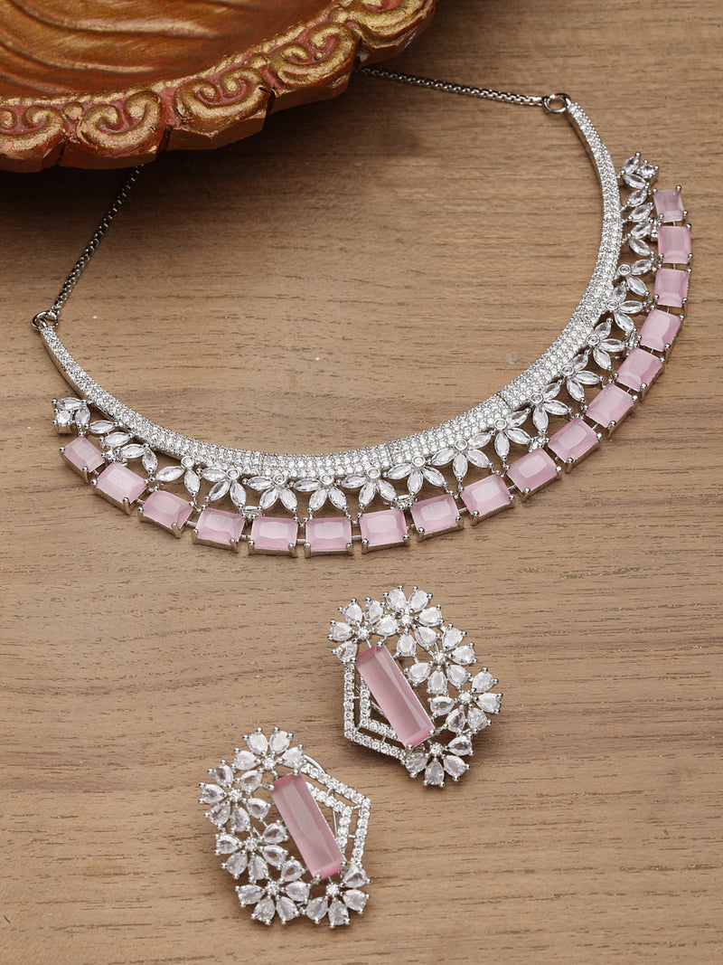 Rhodium-Plated with Silver-Toned White and Pink American Diamond Studded Jewellery Set