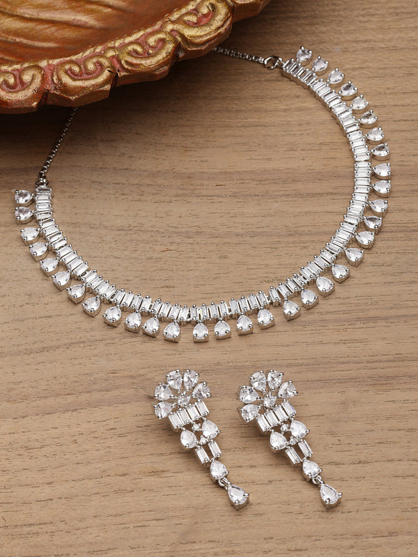 Rhodium-Plated with Silver-Toned White American Diamond Studded Jewellery Set