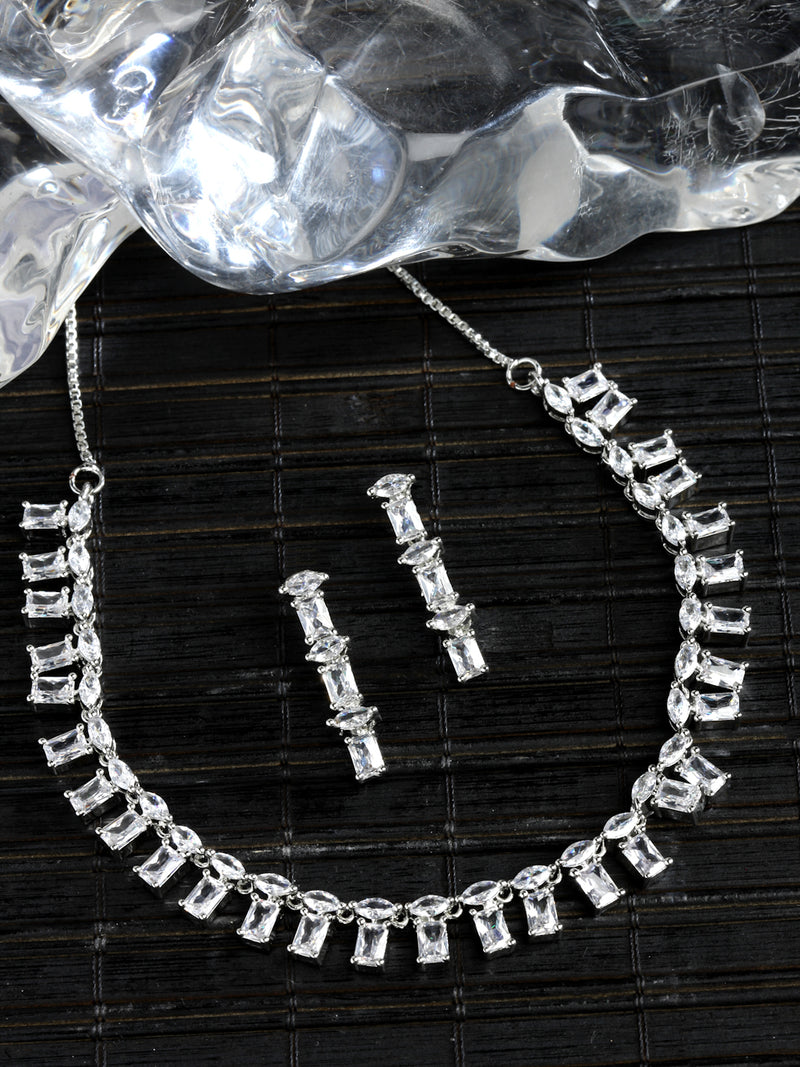 Rhodium-Plated with Silver-Toned White American Diamond Studded Jewellery Set