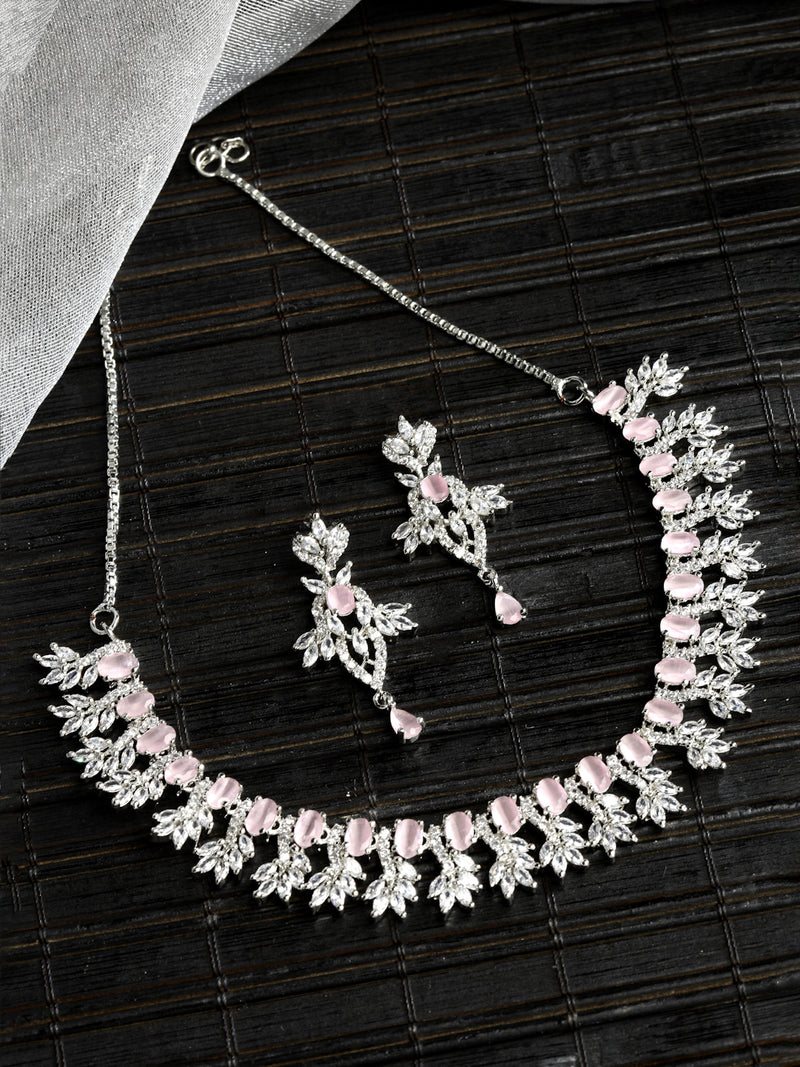 Rhodium-Plated with Silver-Toned Pink and White American Diamond Studded Embellish Statement Jewellery Set