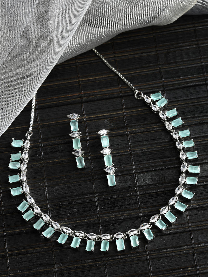 Rhodium-Plated with Silver-Toned Sea Green American Diamond Studded Jewellery Set