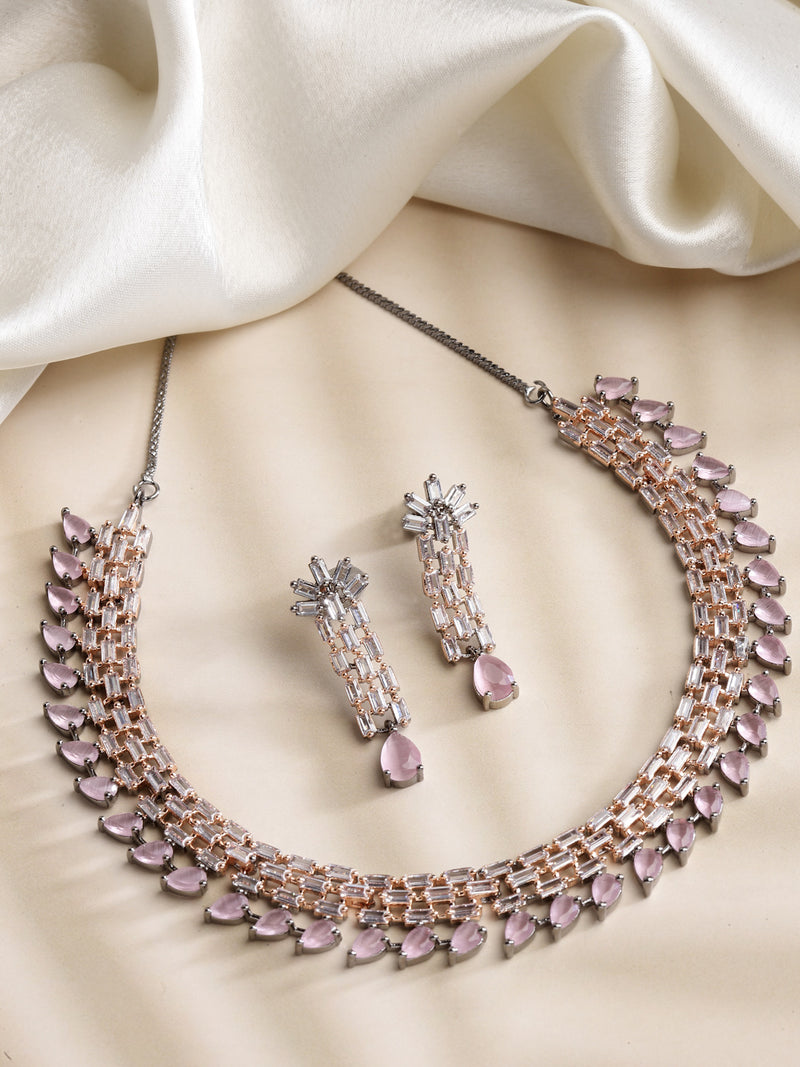 Rose Gold-Plated Pink and Rose Black American Diamond Studded Necklace & Earrings Jewellery Set