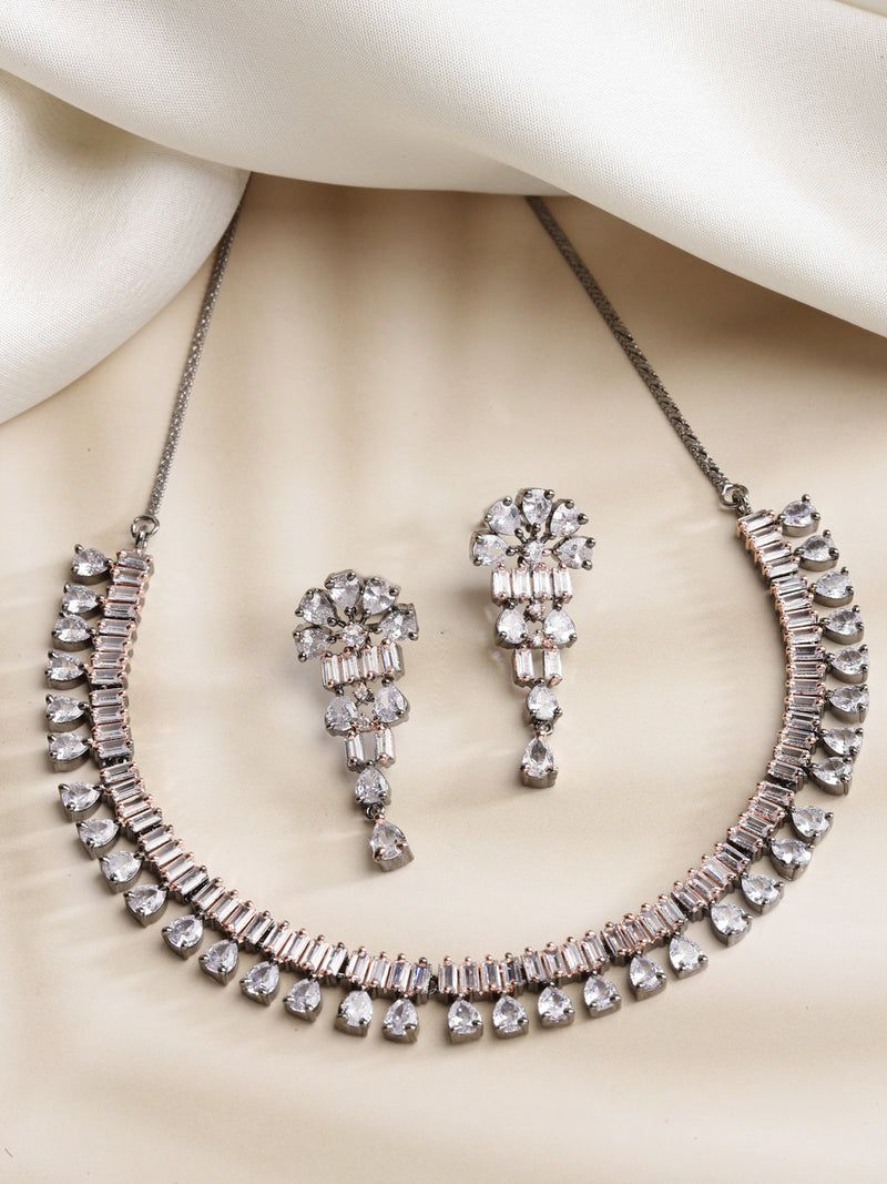 Rose Gold-Plated Rose Black and White American Diamond Studded Jewellery Set