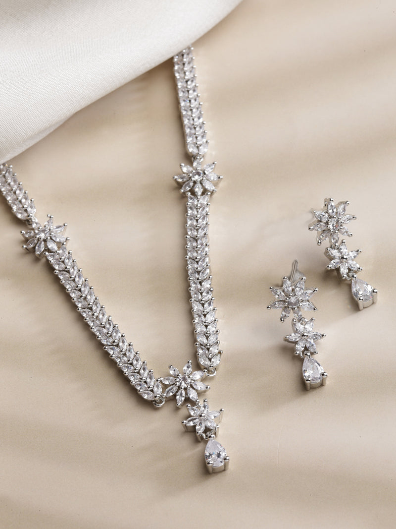 Rhodium-Plated with Silver-Toned Floral Design White American Diamond Studded Jewellery Set