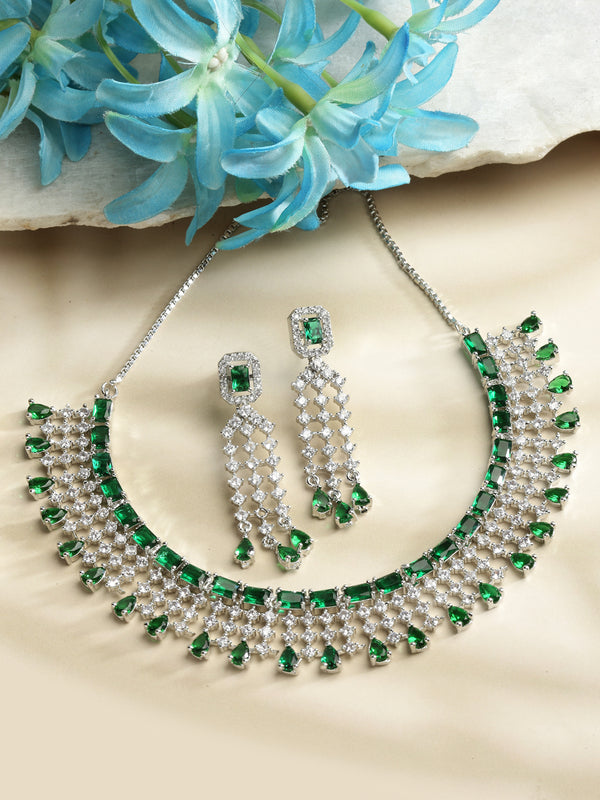 Rhodium-Plated with Silver-Toned Green American Diamond Studded Jewellery Set