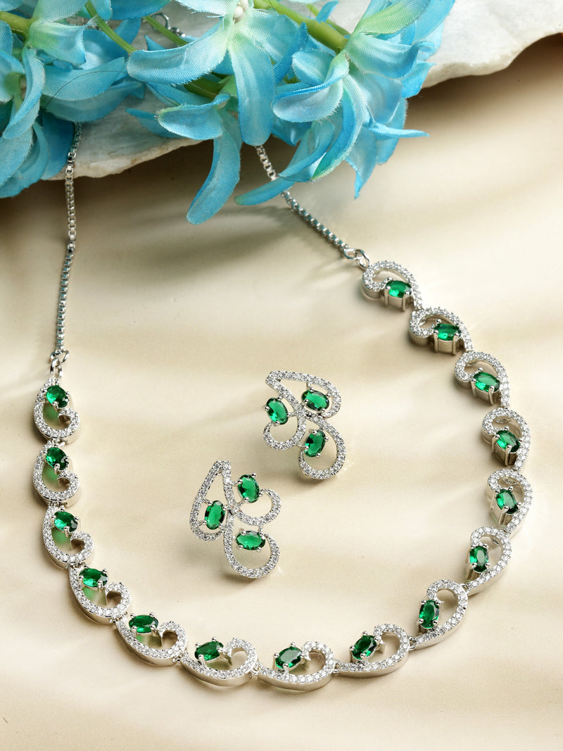 Rhodium-Plated with Silver-Toned Green and White Cubic Zirconia & American Diamond studded Necklace and Drop Earrings Jewellery Set