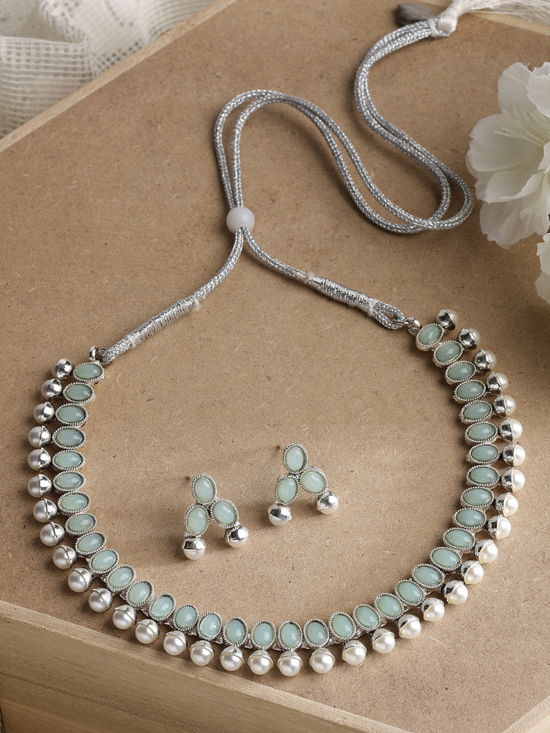 Rhodium-Plated with Oxidized Silver-Toned Sea Green Cubic Zirconia Stone Studded & White Pearl Beaded Necklace and Earrings Jewellery Set