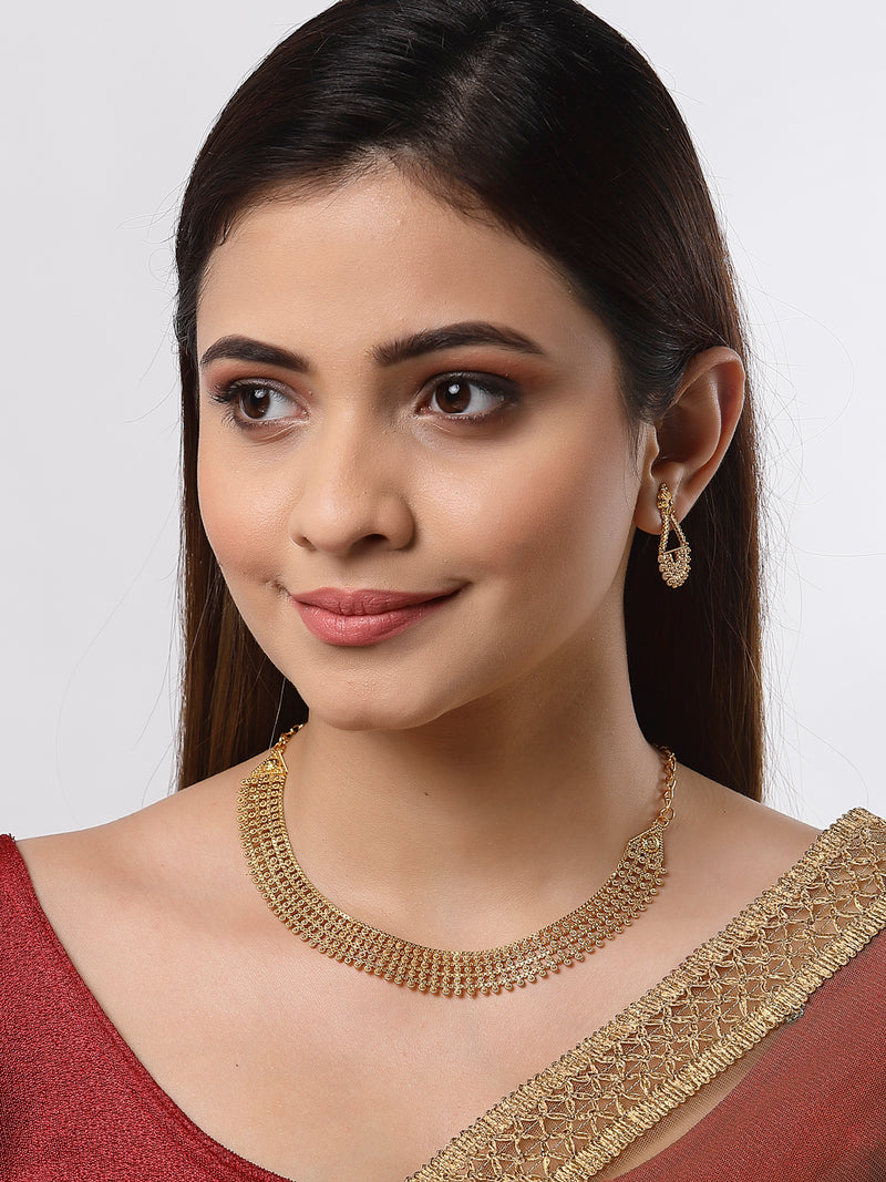 Gold-Plated Textured With Intricate Detailing Necklace With Earrings Set