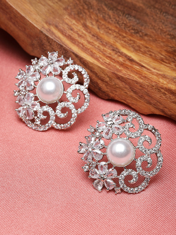 Rhodium-Plated Silver Toned White American Diamond studded Floral Shaped Studs Earrings