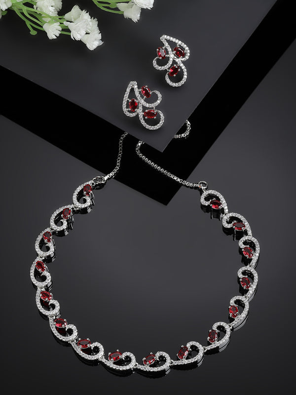 Rhodium-Plated with Silver-Toned Red and White Cubic Zirconia & American Diamond studded Necklace and Drop Earrings Jewellery Set