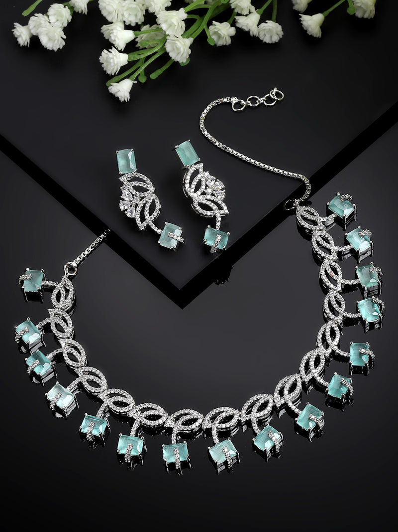 Rhodium-Plated with Silver-Toned Leaf Design Sea Green and White American Diamond Studded Jewellery Set