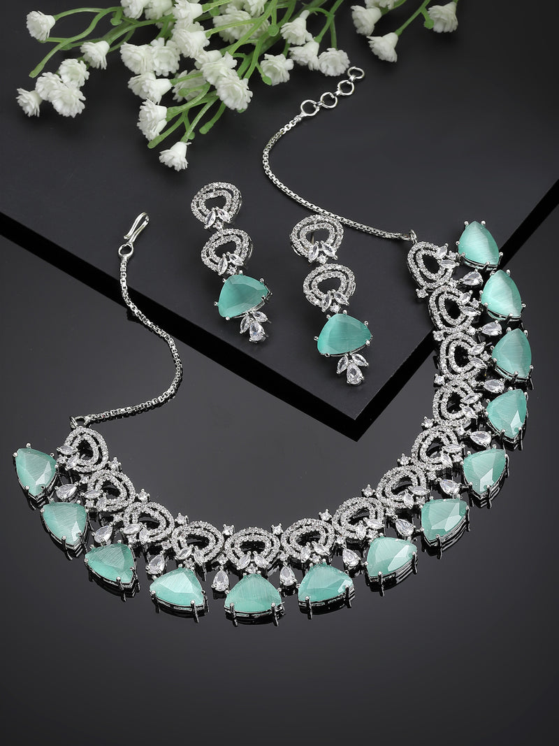Rhodium-Plated with Silver-Toned Sea Green and White American Diamond Studded Choker Necklace and Drop Earrings Jewellery Set