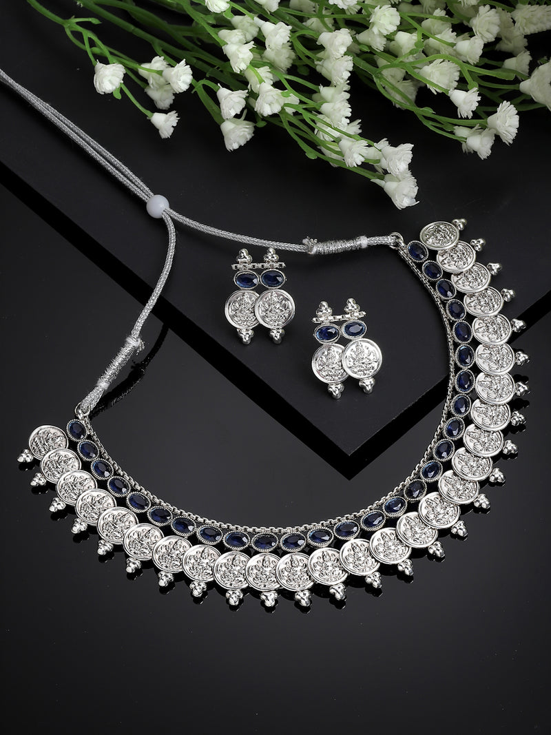 Rhodium-Plated with Oxidised Silver-Plated Navy Blue Artificial Beads Studded & Temple Coin Jewellery Set