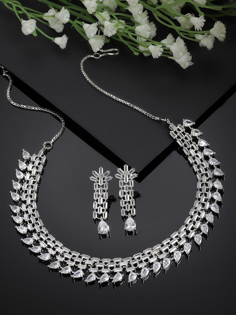 Rhodium-Plated with Silver-Toned White American Diamond Studded Necklace & Earrings Jewellery Set