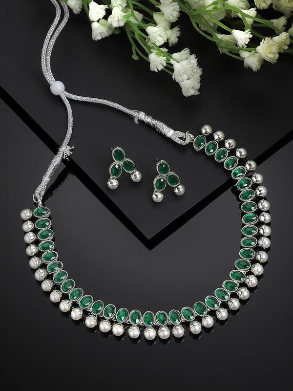 Rhodium-Plated with Oxidized Silver-Toned Green Cubic Zirconia Stone Studded & White Pearl Beaded Necklace and Earrings Jewellery Set
