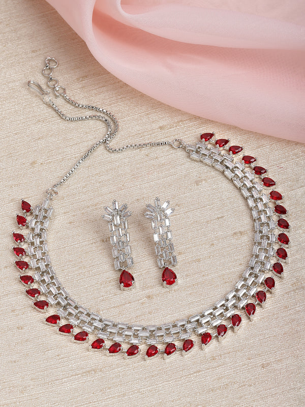 Rhodium-Plated with Silver-Toned Red and White American Diamond Studded Necklace & Earrings Jewellery Set