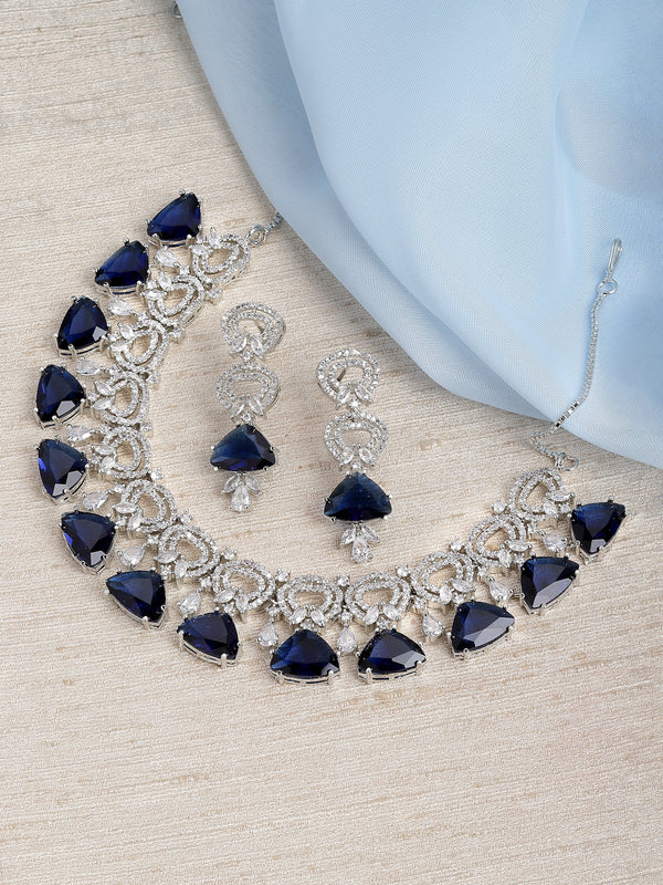 Rhodium-Plated with Silver-Toned Navy Blue and White American Diamond Studded Choker Necklace and Drop Earrings Jewellery Set