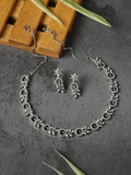 Rhodium-Plated American Diamond Studded Leaf & Circular Shaped Necklace With Earrings Set