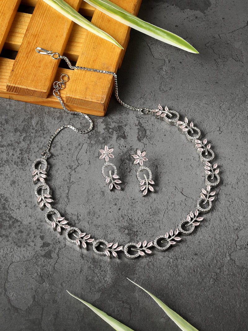 Rhodium-Plated American Diamond Studded Leaf & Circular Shaped Necklace With Earrings Set