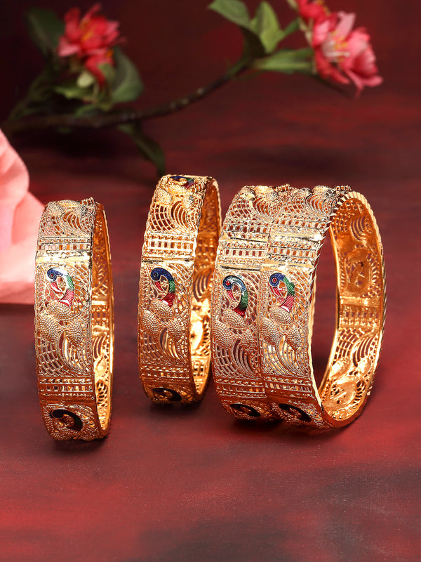 Set of 4 Gold Plated Meenakari Textured Peacock With Cut Out and Detail Bangles