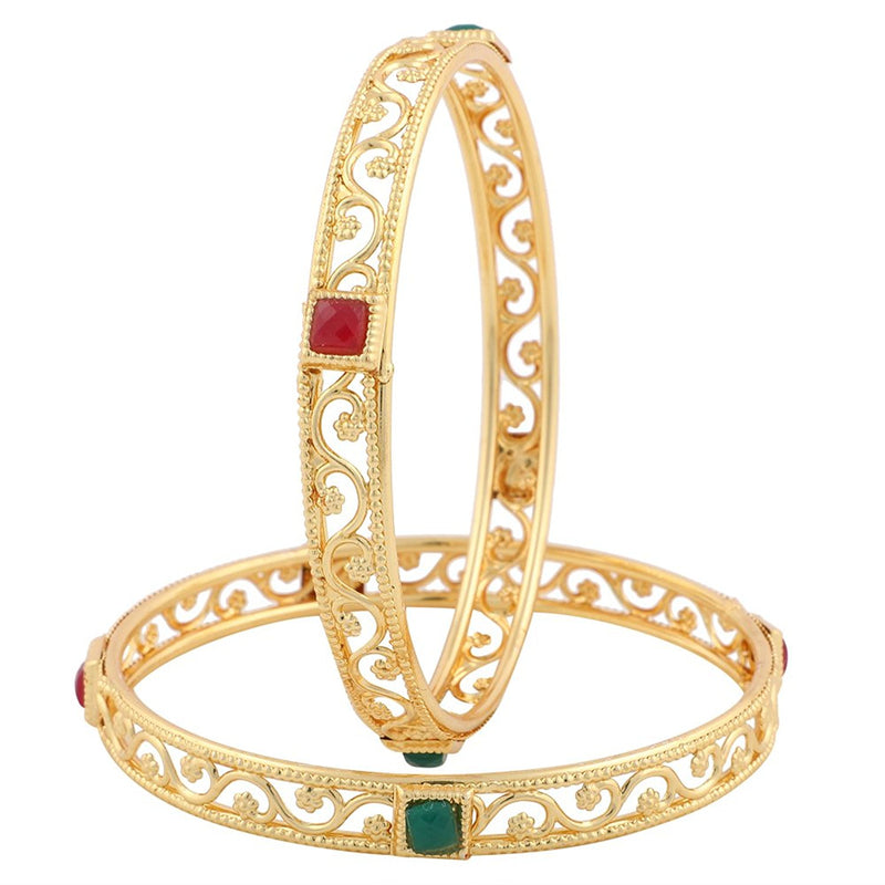 Square Shaped Gold Plated Red Green Stone Exclusive  Bangle Jewellery Set Of 2