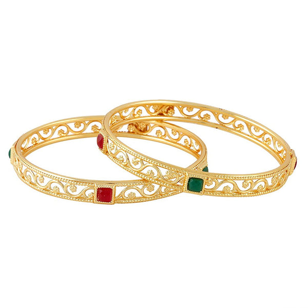 Square Shaped Gold Plated Red Green Stone Exclusive  Bangle Jewellery Set Of 2