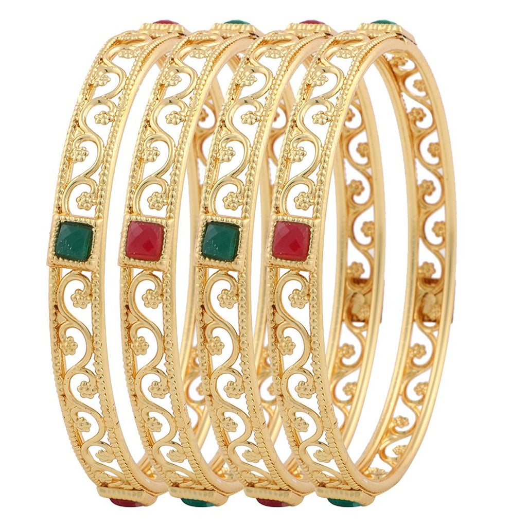 Square Shaped Gold Plated Red Green Stone Exclusive Bangle Jewellery S