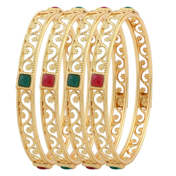 Square Shaped Gold Plated Red Green Stone Exclusive  Bangle Jewellery Set Of 2