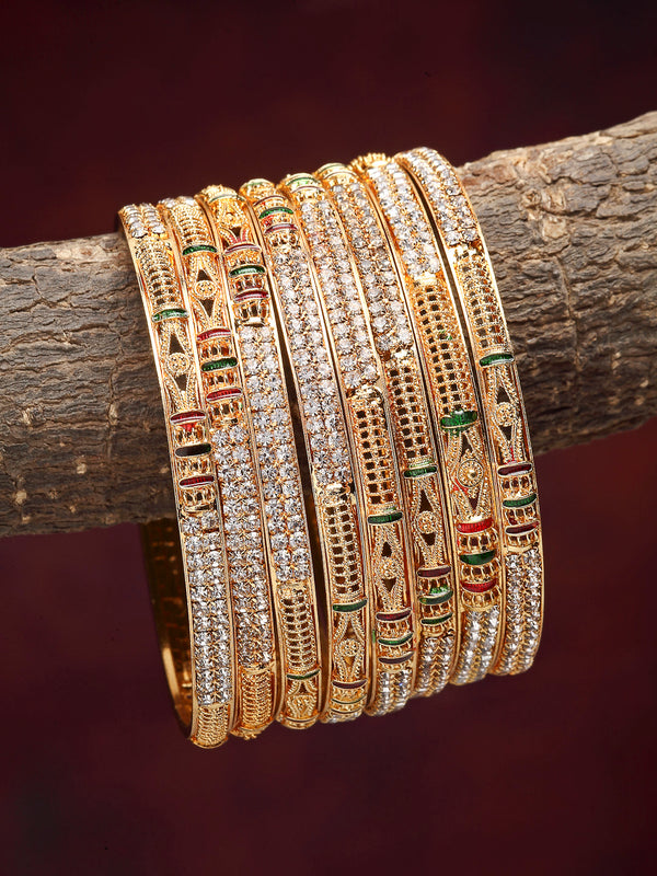 Set of 8 Red and Green Gold-Plated Crystal Studded Meenakari Handcrafted Bangles Combo
