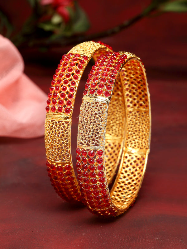 Set of 2 Red Gold-Plated Pearl Studded Bangles With Filgree Design