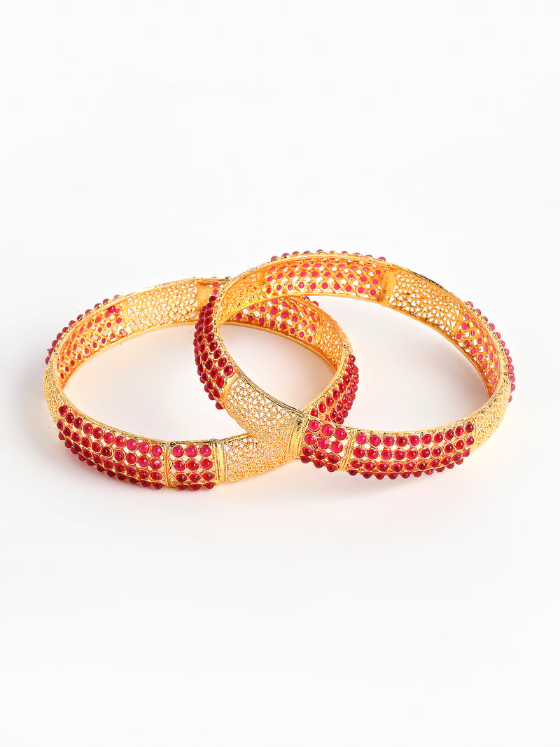 Set of 2 Red Gold-Plated Pearl Studded Bangles With Filgree Design