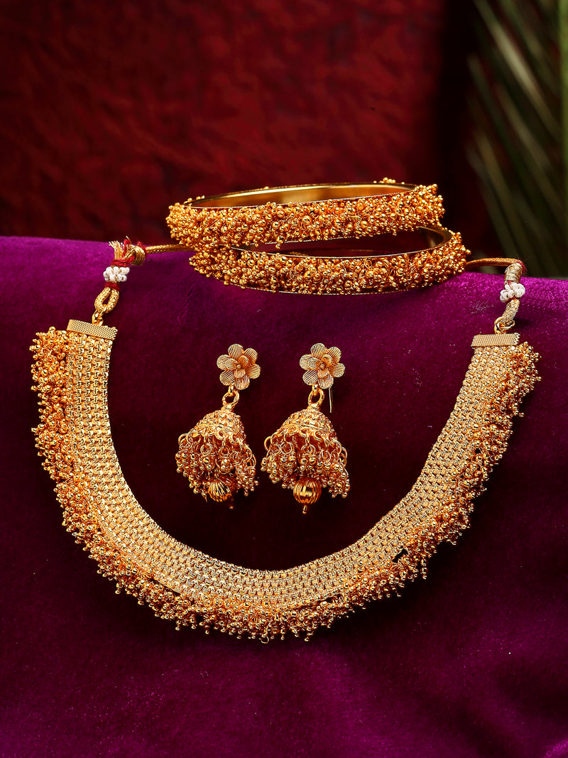 Combo Gold-Plated Stone-Studded & Beaded Temple Jewellery with Earrings & Bangles