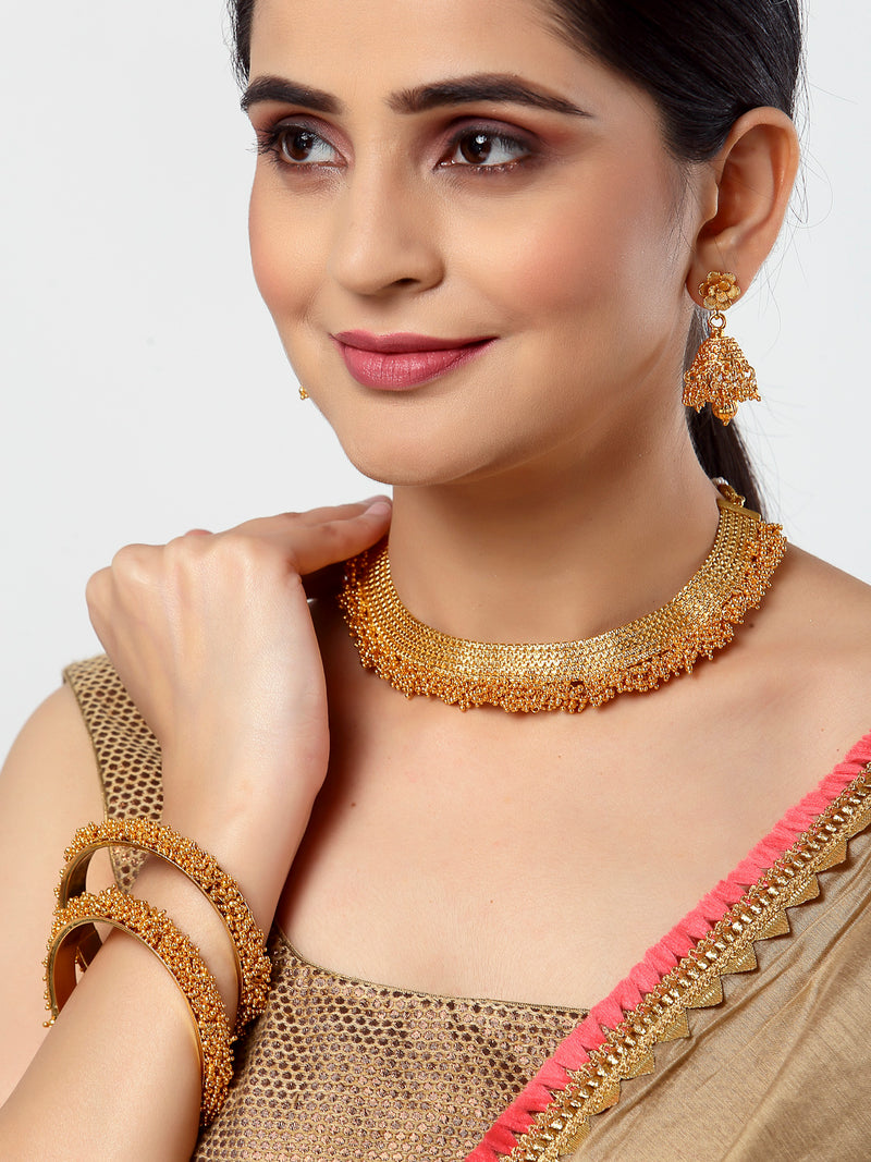 Combo Gold-Plated Stone-Studded & Beaded Temple Jewellery with Earrings & Bangles