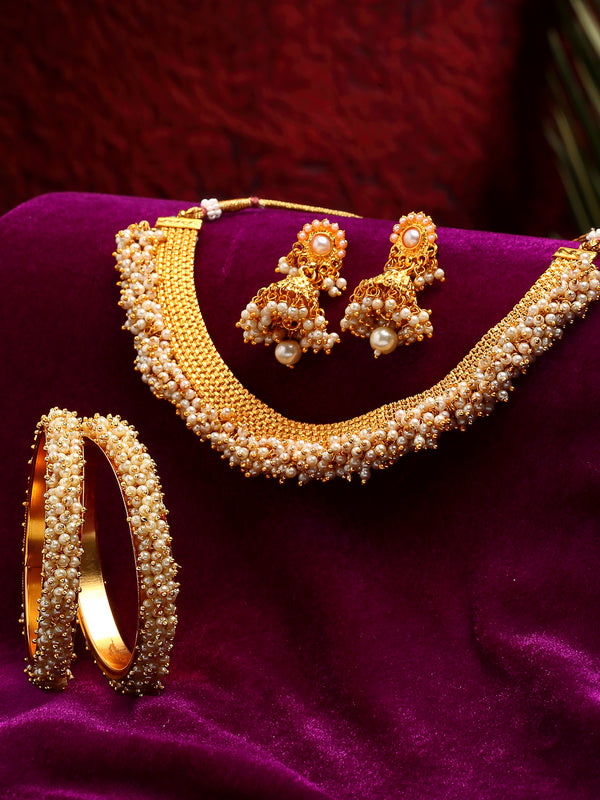Combo Gold-Plated Off-White Stone-Studded & Beaded Temple Jewellery with Earrings & Bangles