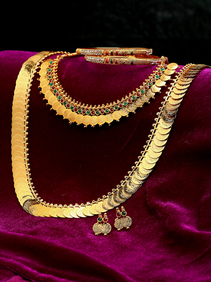 Lakshmi Coin Combo Gold-Plated Red Green Stone-Studded Temple Jewellery Set