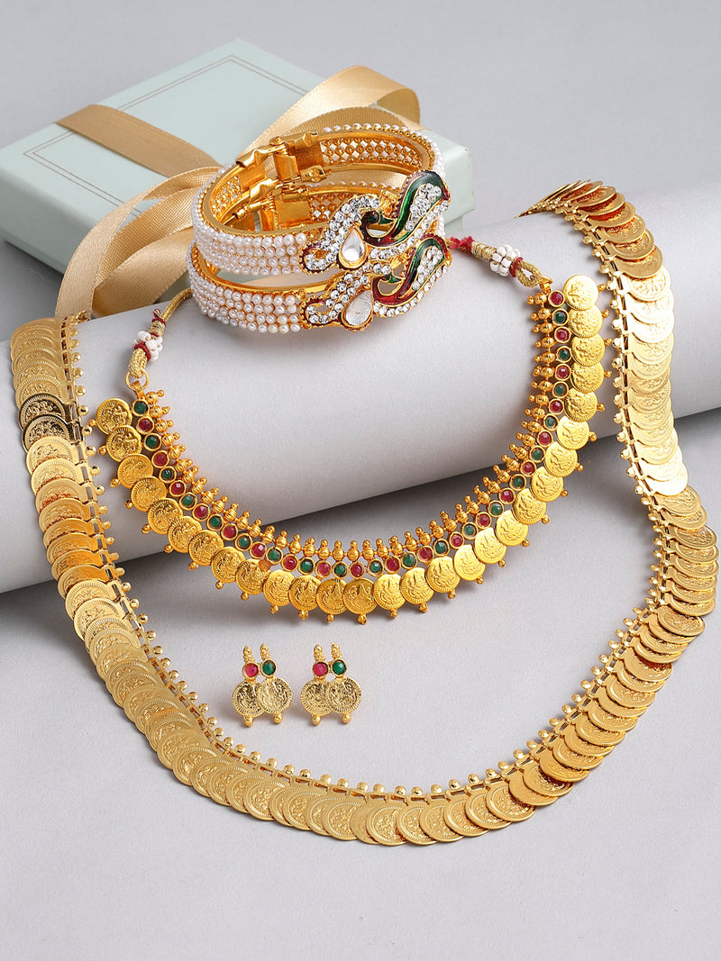 Gold-Plated Long Maharani Temple Coin Necklace Short Red & Green Stone Studded & Peacock Design Beaded Bracelet with Earrings Jewellery Set