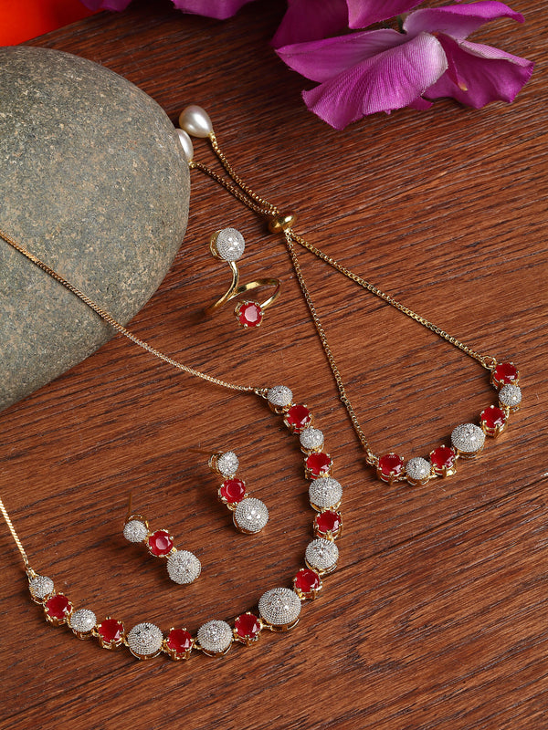 Gold-Plated Red & White CZ Stone-Studded Jewellery Set Combo