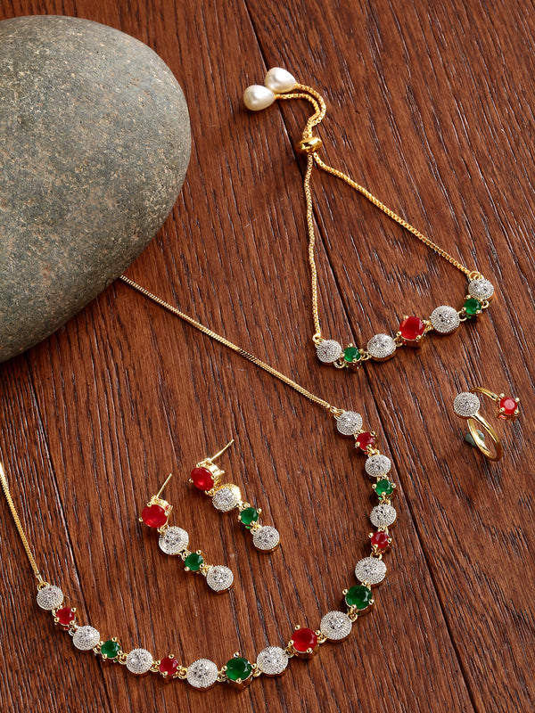 Red & Green Gold-Plated CZ Stone-Studded Jewellery Set Combo