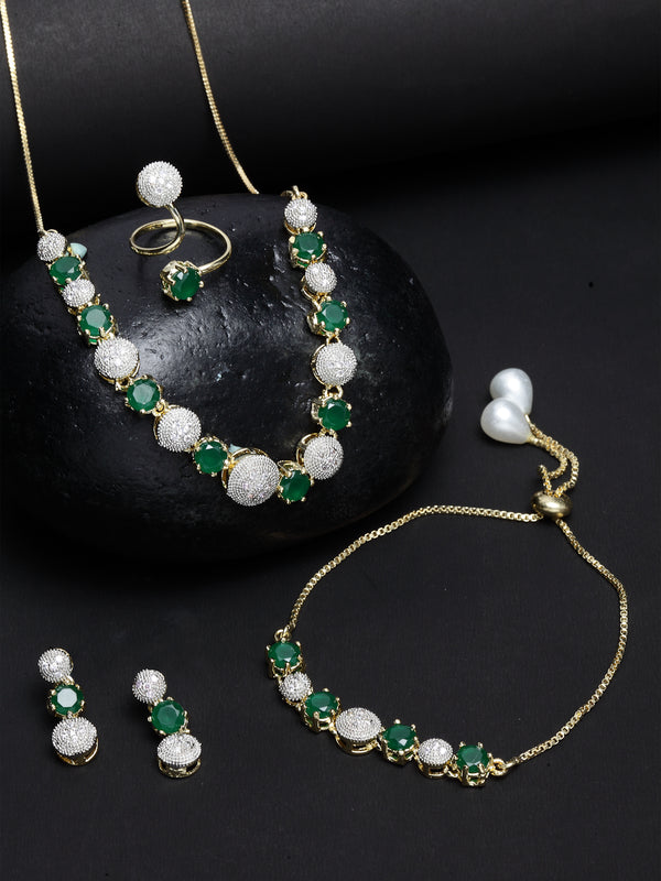 Gold-Plated & Green CZ Stone-Studded Jewellery Set Combo