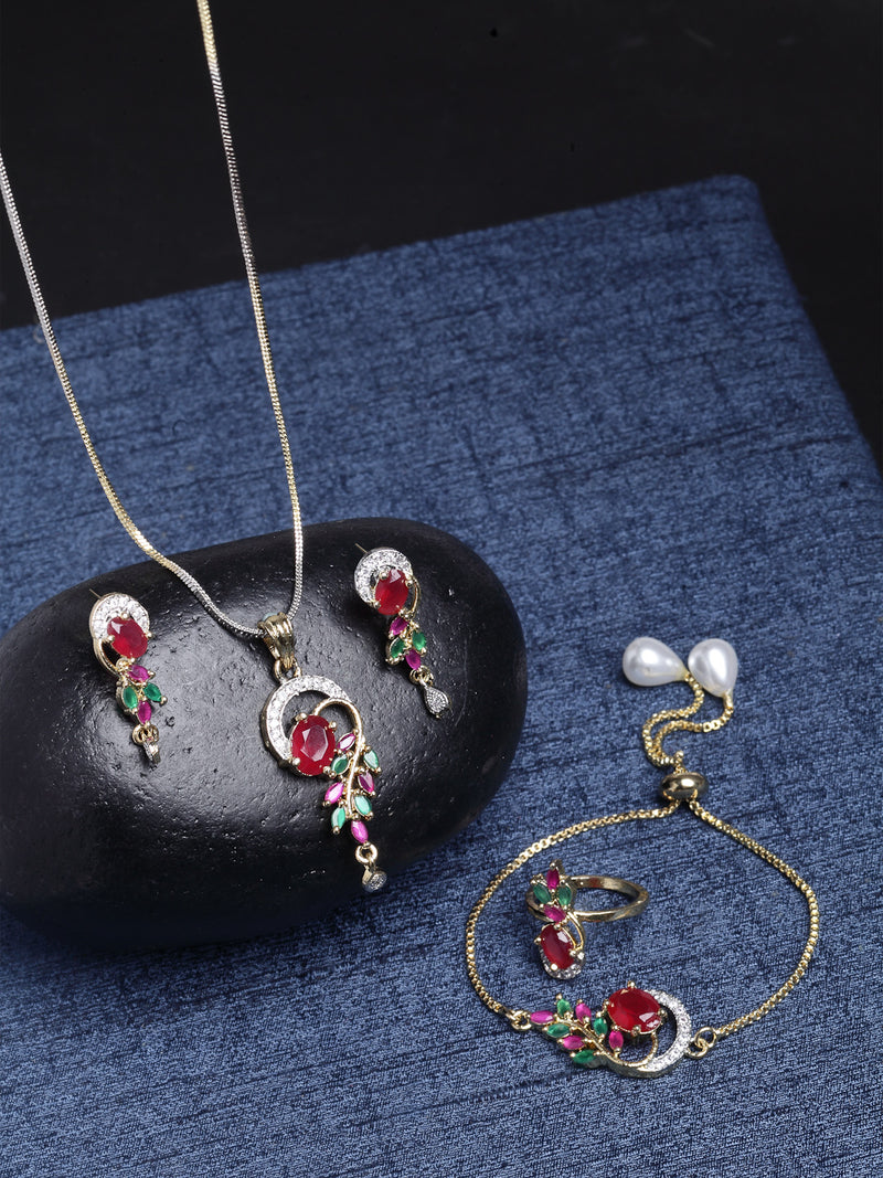 Red and Green Alloy Gold-Plated Studded Jewellery Set Combo